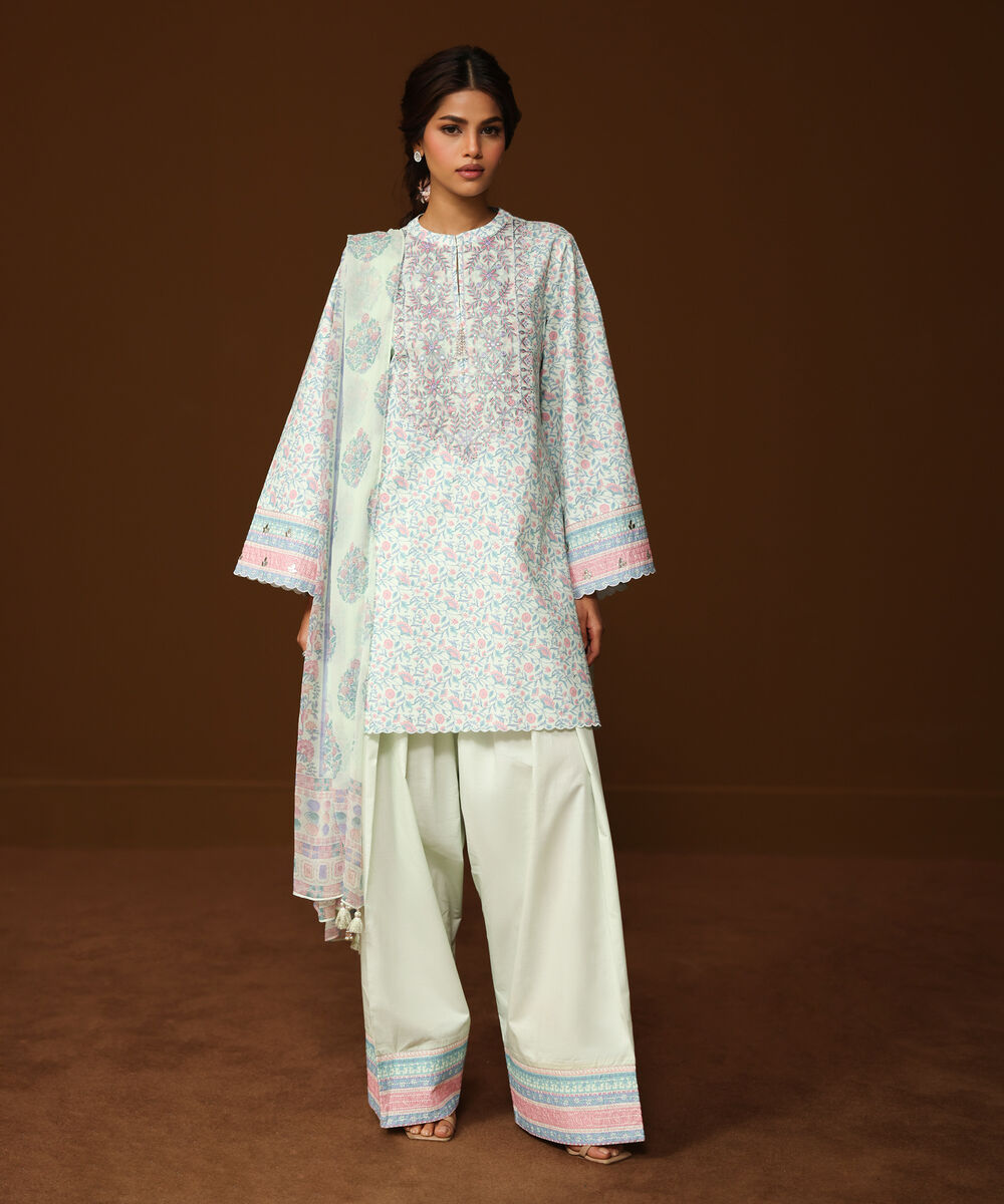 Women's Unstitched Lawn Embroidered Blue 3 Piece Suit