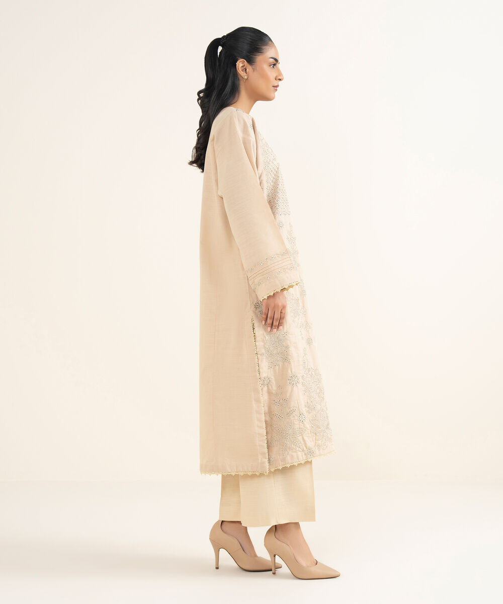 Women's RTW Light Khaddar Embroidered Beige A-Line Shirt
