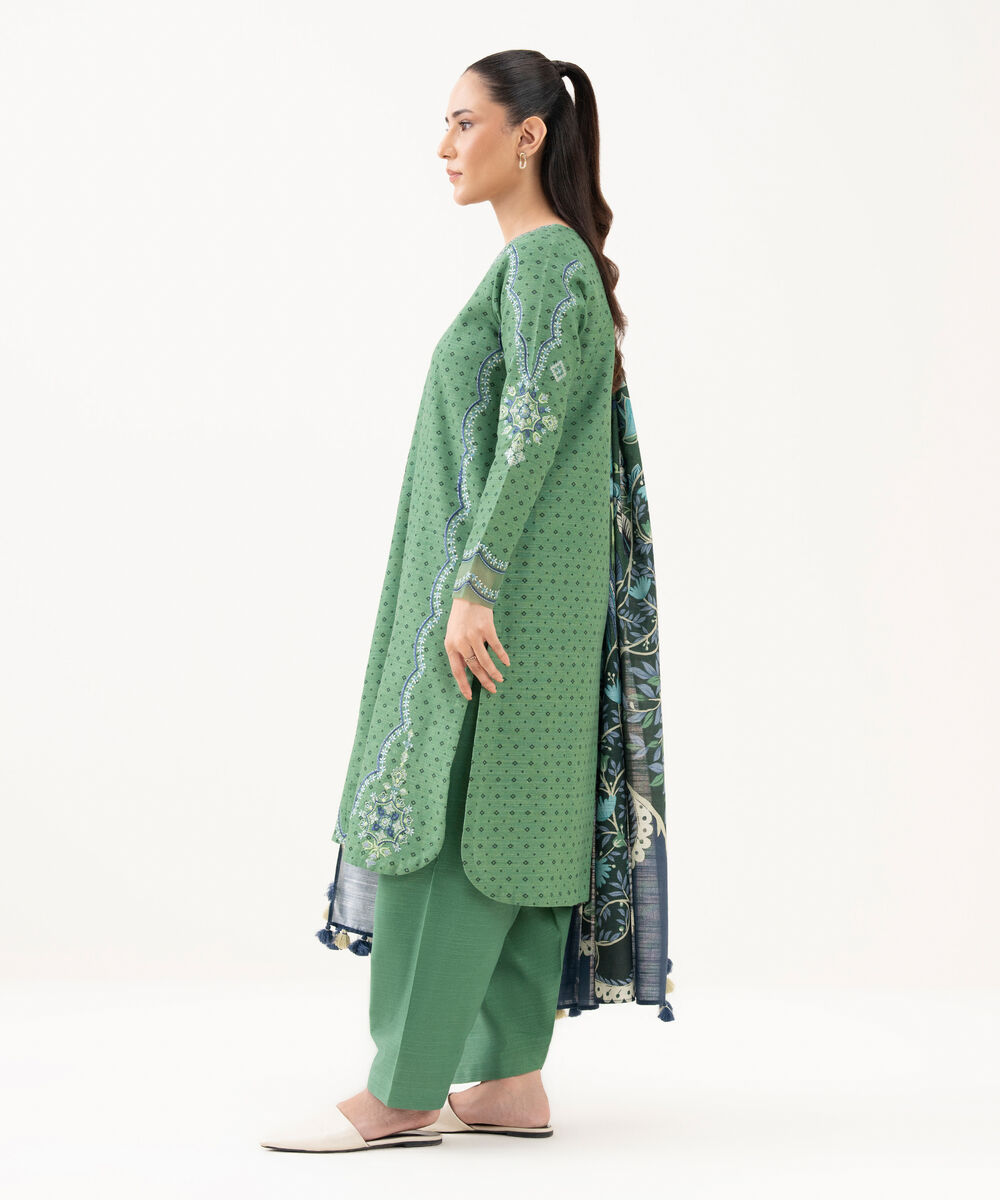 Women's Unstitched Light Khaddar Embroidered Green 3 Piece Suit