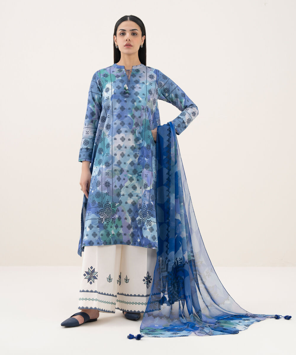 Women's Unstitched Cotton Printed Blue 2 Piece Suit