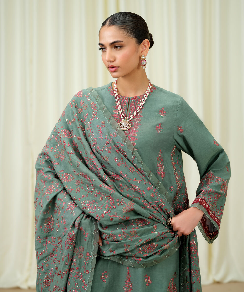 Women's Unstitched Viscose Karandi Embroidered Green 3 Piece Suit