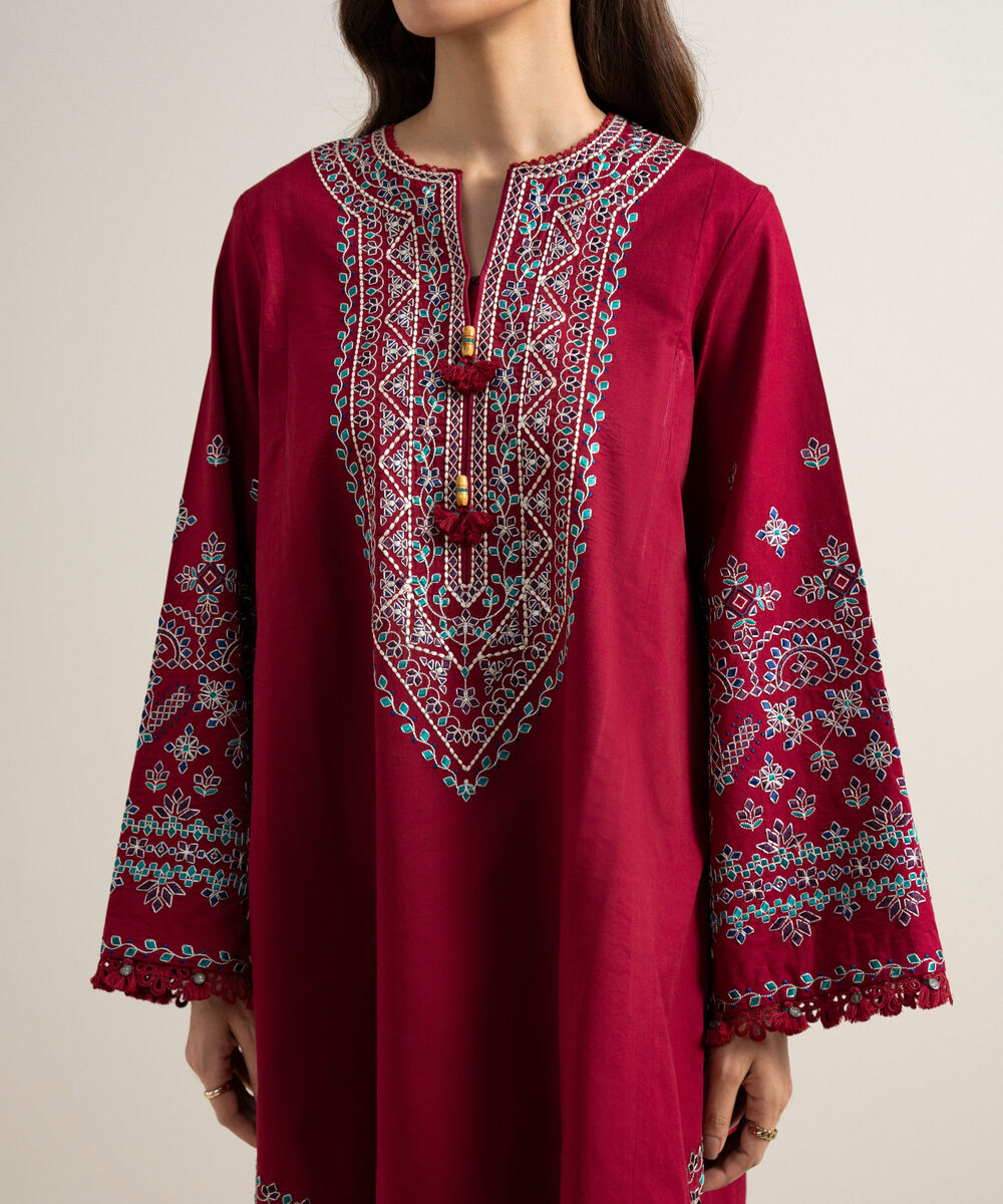 Women's Unstitched Textured Lawn Embroidered Deep Red 3 Piece Suit