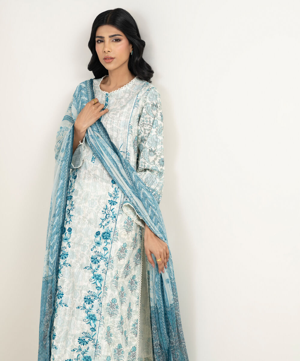 Women's RTW Dobby Embroidered Blue 3 Piece Suit