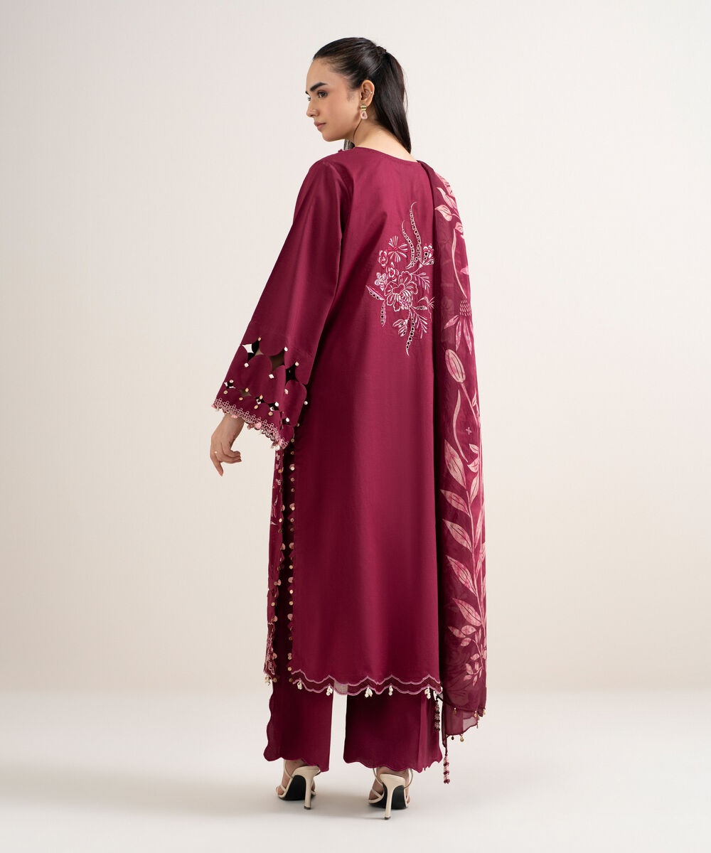 Women's Unstitched Textured Lawn Embroidered Red 3 Piece Suit