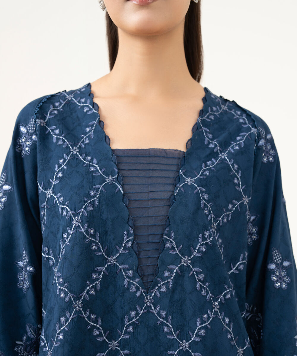 Women's Unstitched Linen Jacquard Embroidered Blue 3 Piece Suit
