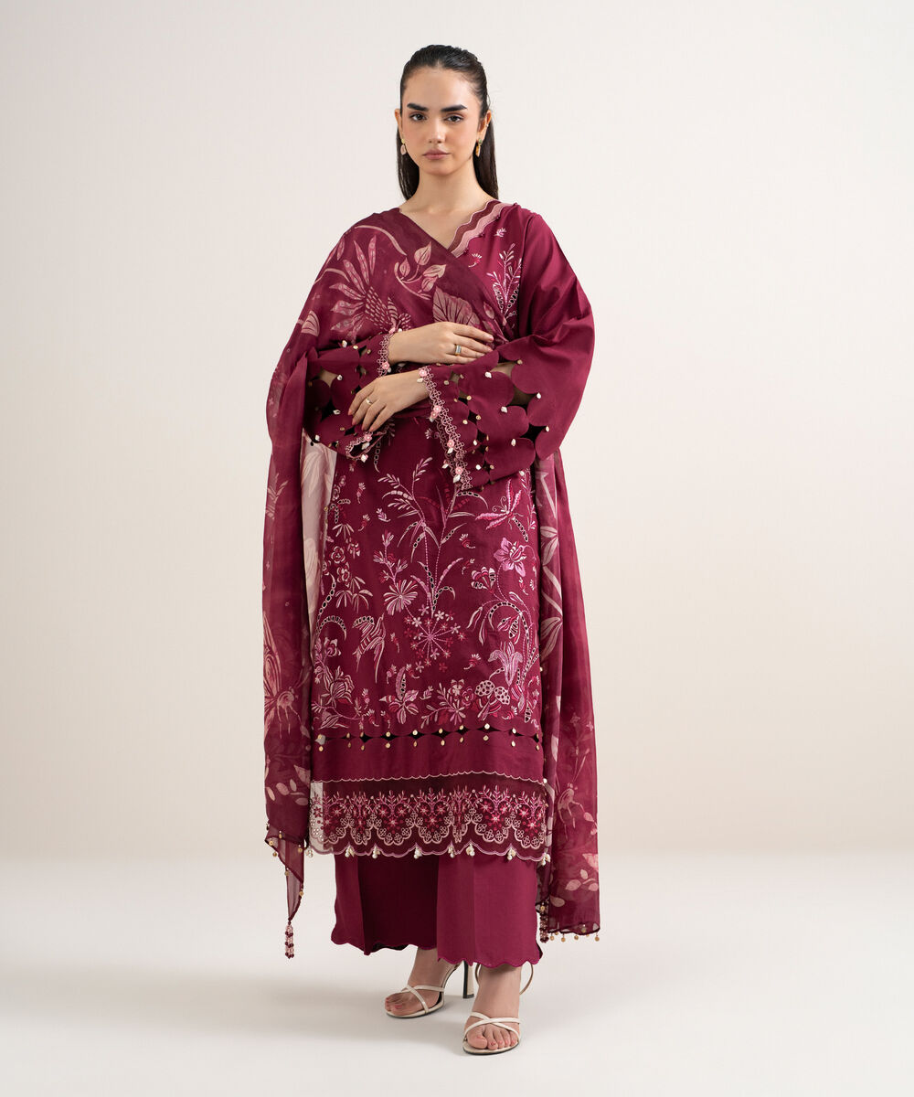 Women's Unstitched Textured Lawn Embroidered Red 3 Piece Suit