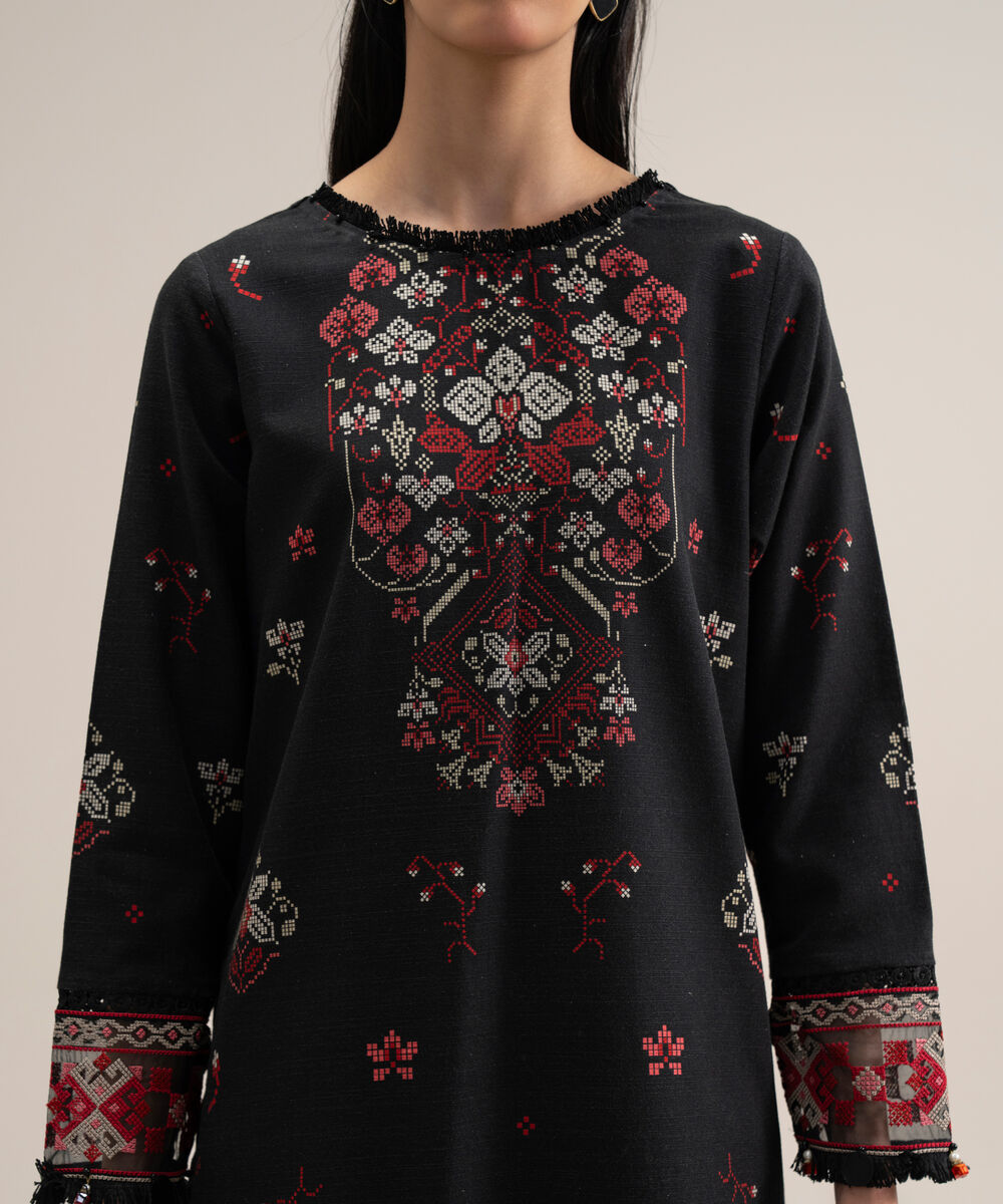 Women's Unstitched Premium Khaddar Printed Black 3 Piece Suit