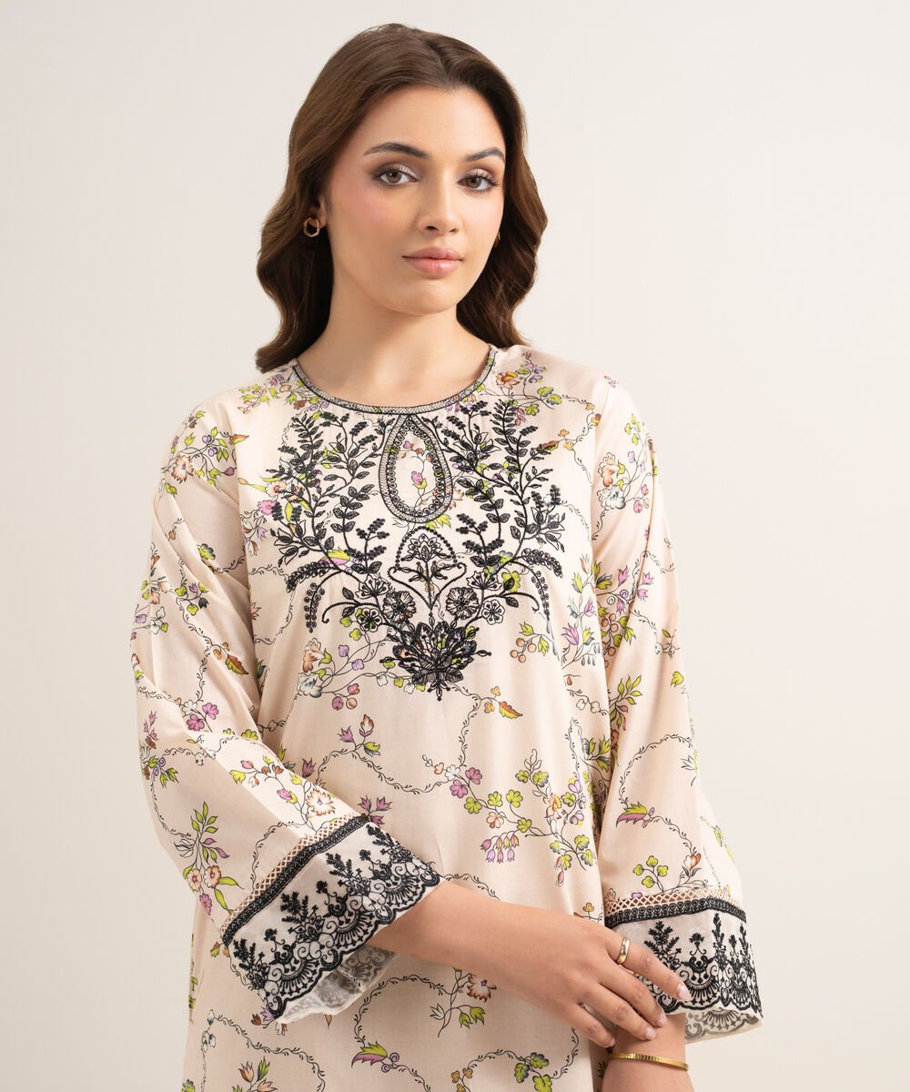 Women's RTW Lawn Embroidered Beige A-Line Shirt