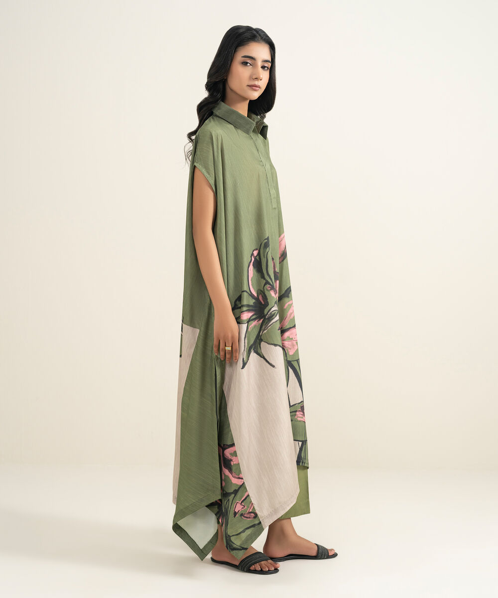 Women's RTW Blended Grip Silk Printed Green 2 Piece Suit