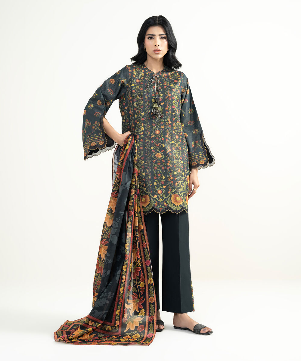 Women's Unstitched Zari Lawn Black   Printed 3 Piece Suit