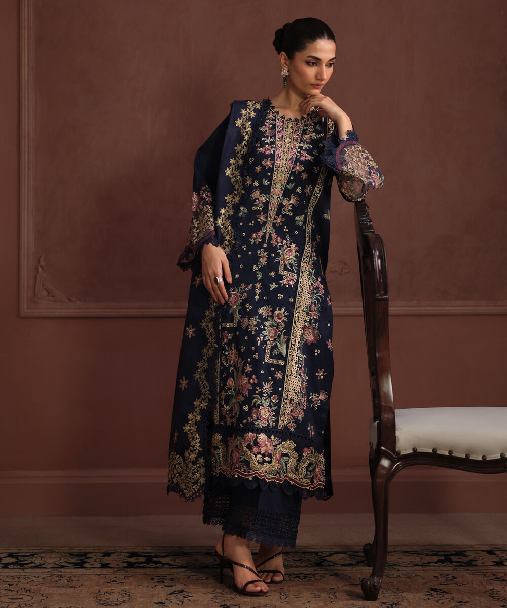 Women's RTW Self Jacquard Solid Embroidered Dark Blue 3 Piece Suit