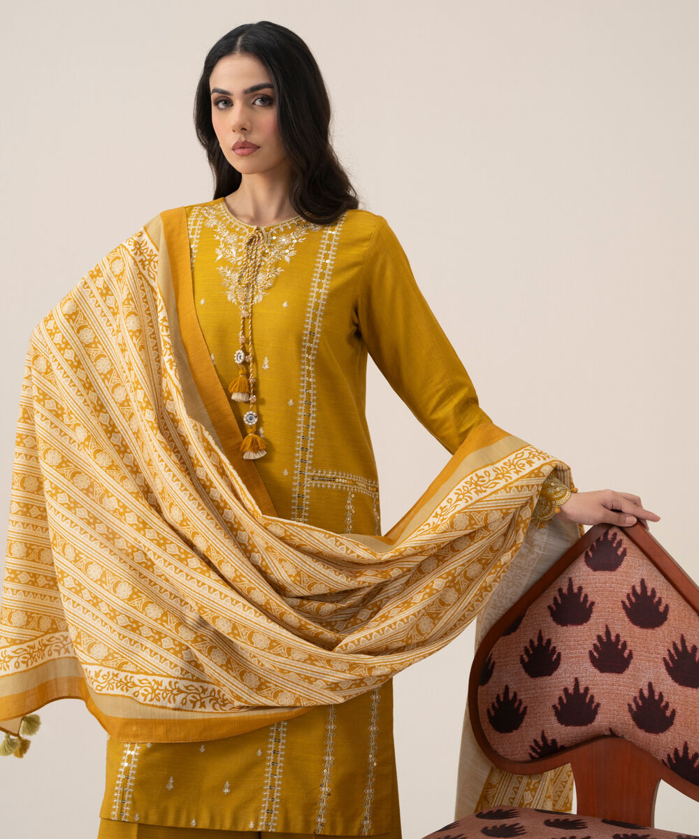 Women's Unstitched Lawn Embroidered Yellow 3 Piece Suit