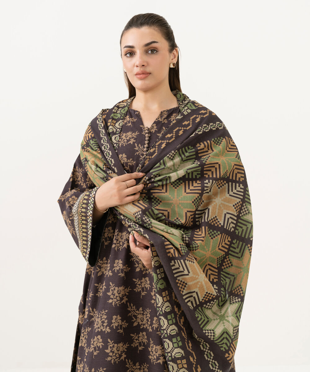 Women's Unstitched Khaddar Printed Brown 3 Piece Suit