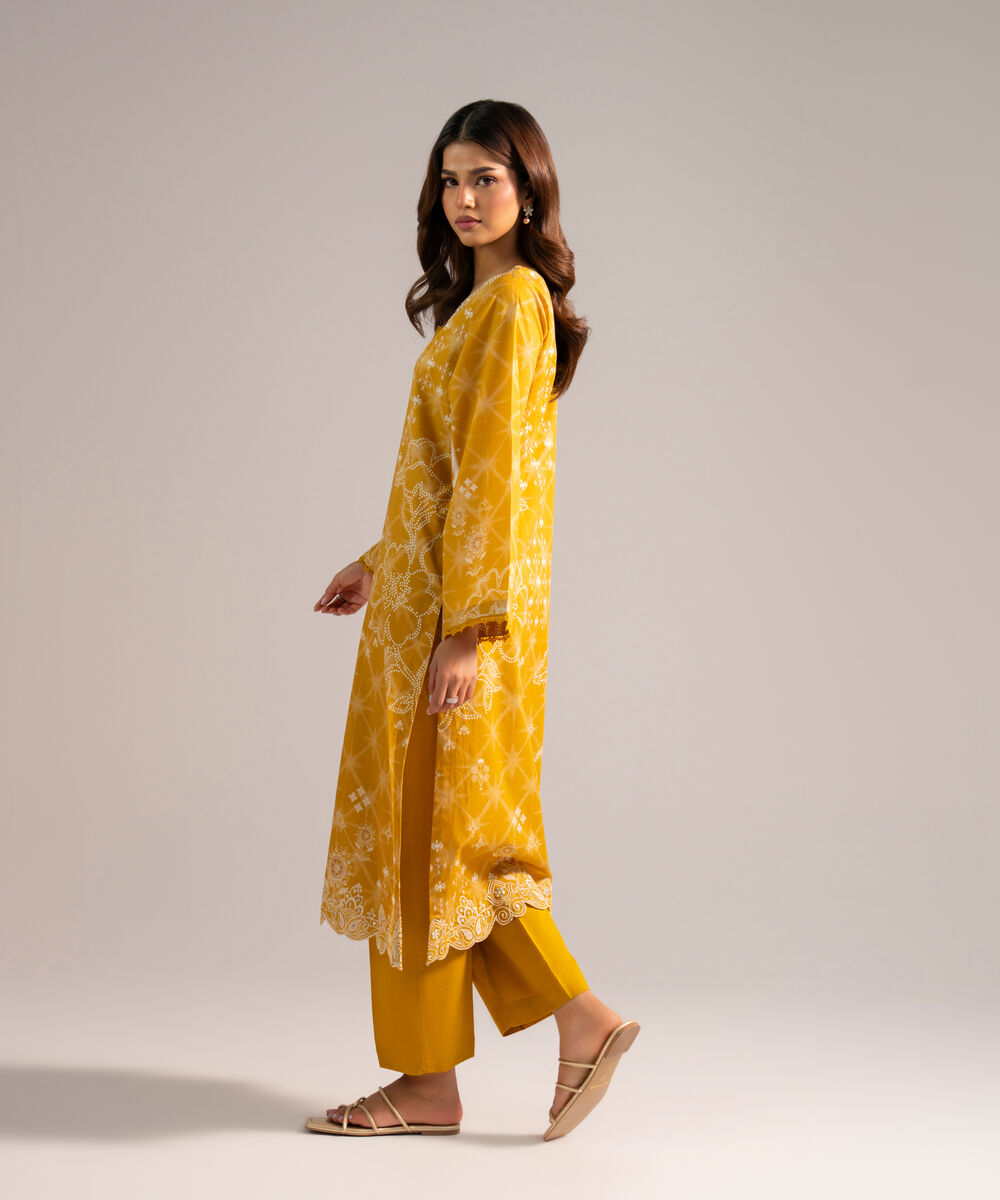Women's RTW Dobby Embroidered Yellow 2 Piece Suit