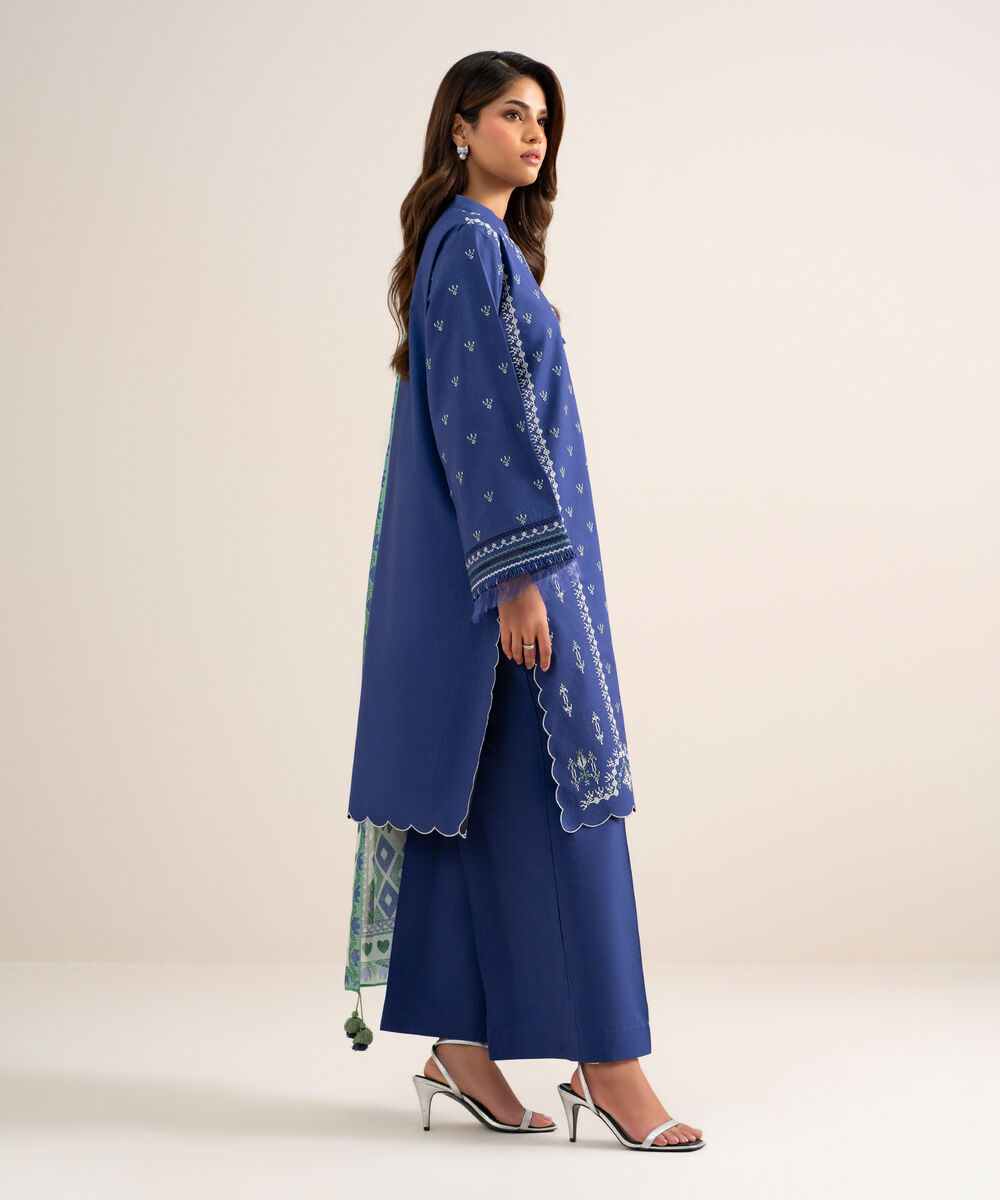 Women's Unstitched Lawn Embroidered Blue  3 Piece Suit
