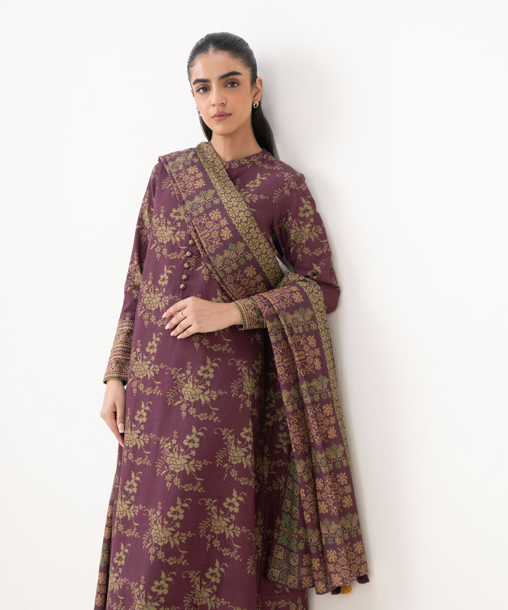 Women's Unstitched Khaddar Printed Red 3 Piece Suit