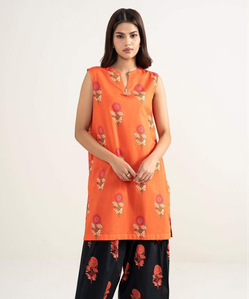 Women's RTW Lawn Printed Orange Straight Shirt
