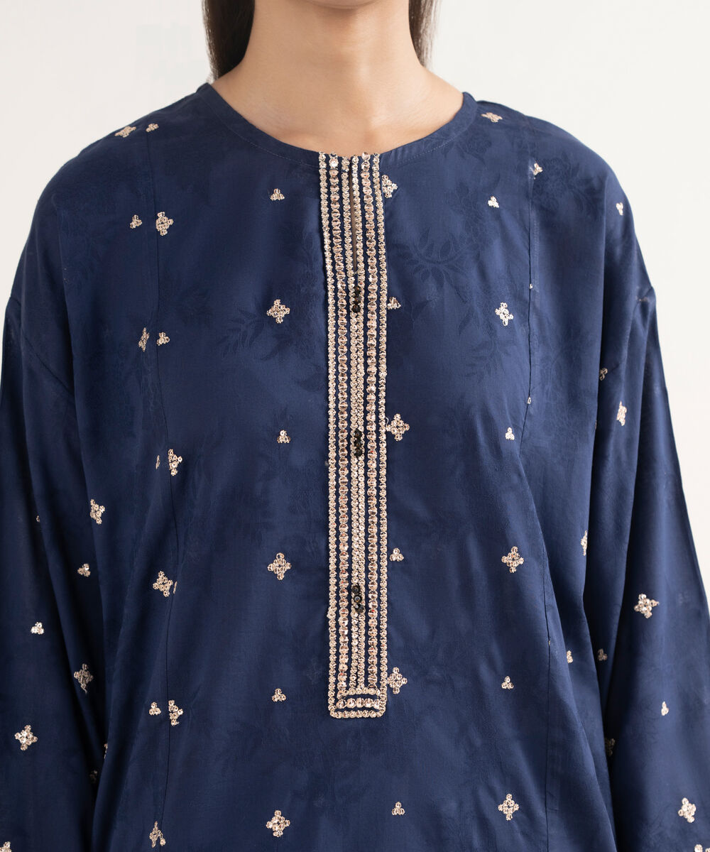 Women's RTW Self Jacquard Embroidered Straight Blue Shirt