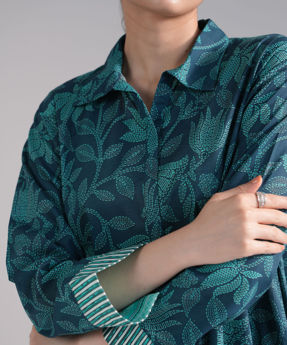 Women's RTW Slub Lawn Printed Dark Blue Dress Shirt