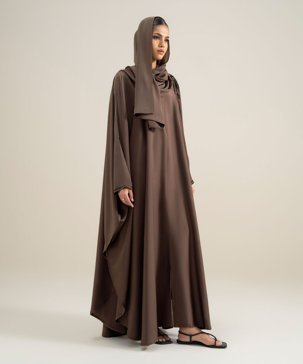 Women's Polyester Brown Embellished Cape Abbaya Set