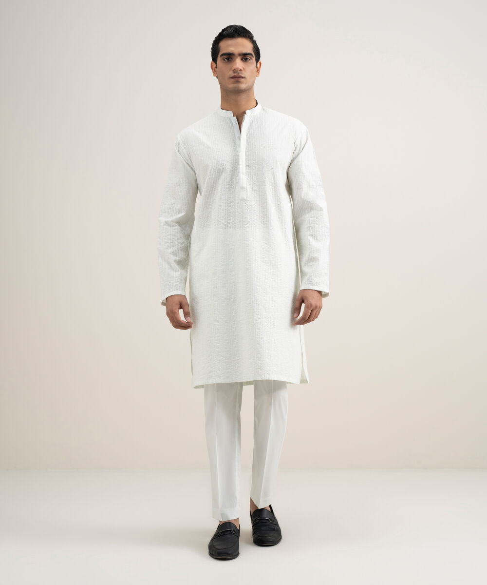 Men's Stitched Cotton White Suit