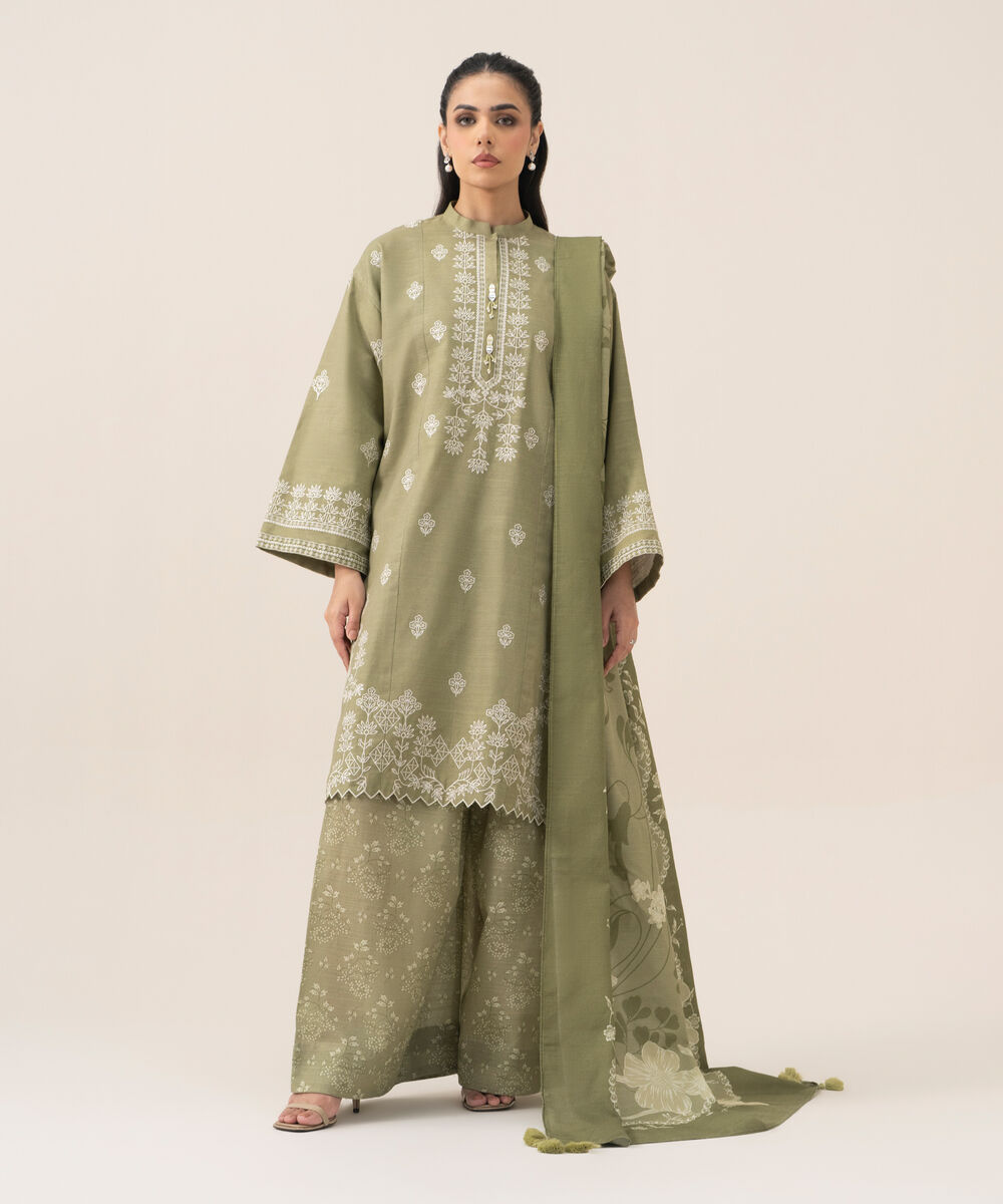 Women's Unstitched Cotton Embroidered Light Green 3 Piece Suit