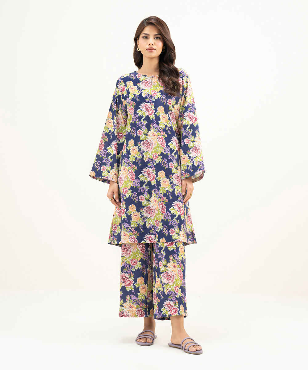 Women's RTW Seersucker Printed Purple Straight Shirt