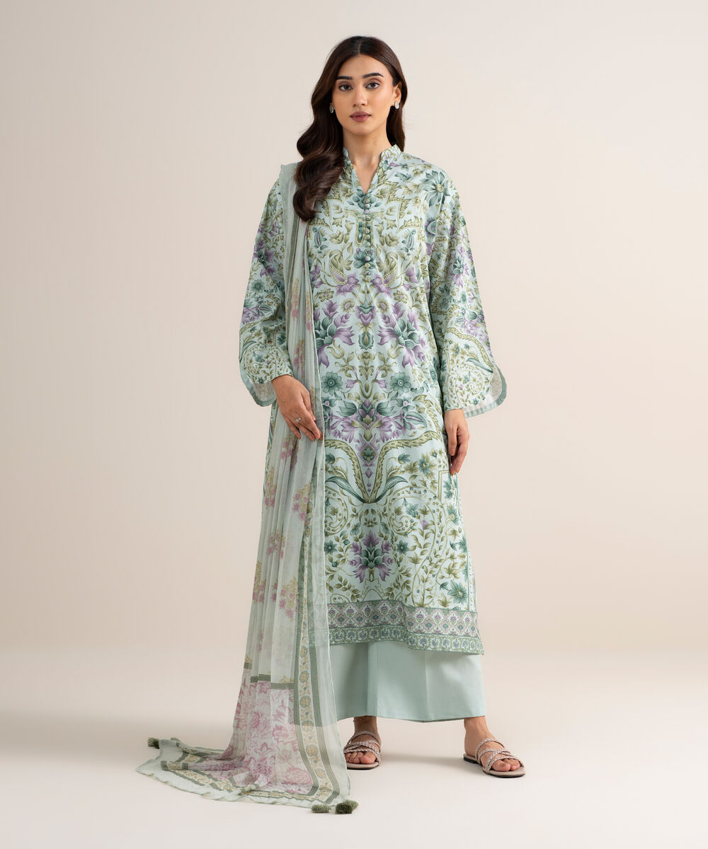 Women's Unstitched Lawn Printed Green 3 Piece Suit