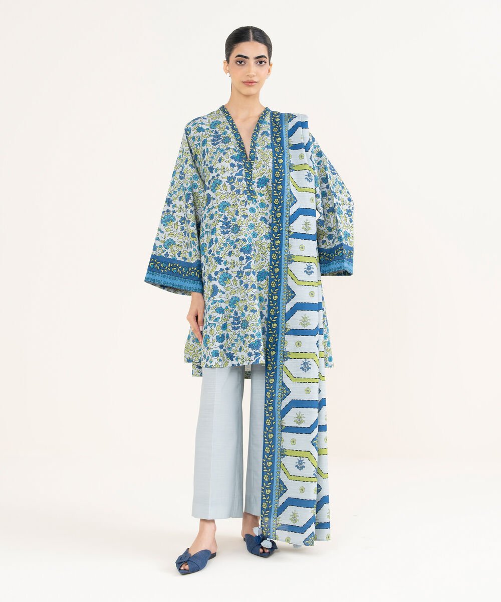 Women's Unstitched Printed Khaddar Blue 3 Piece Suit