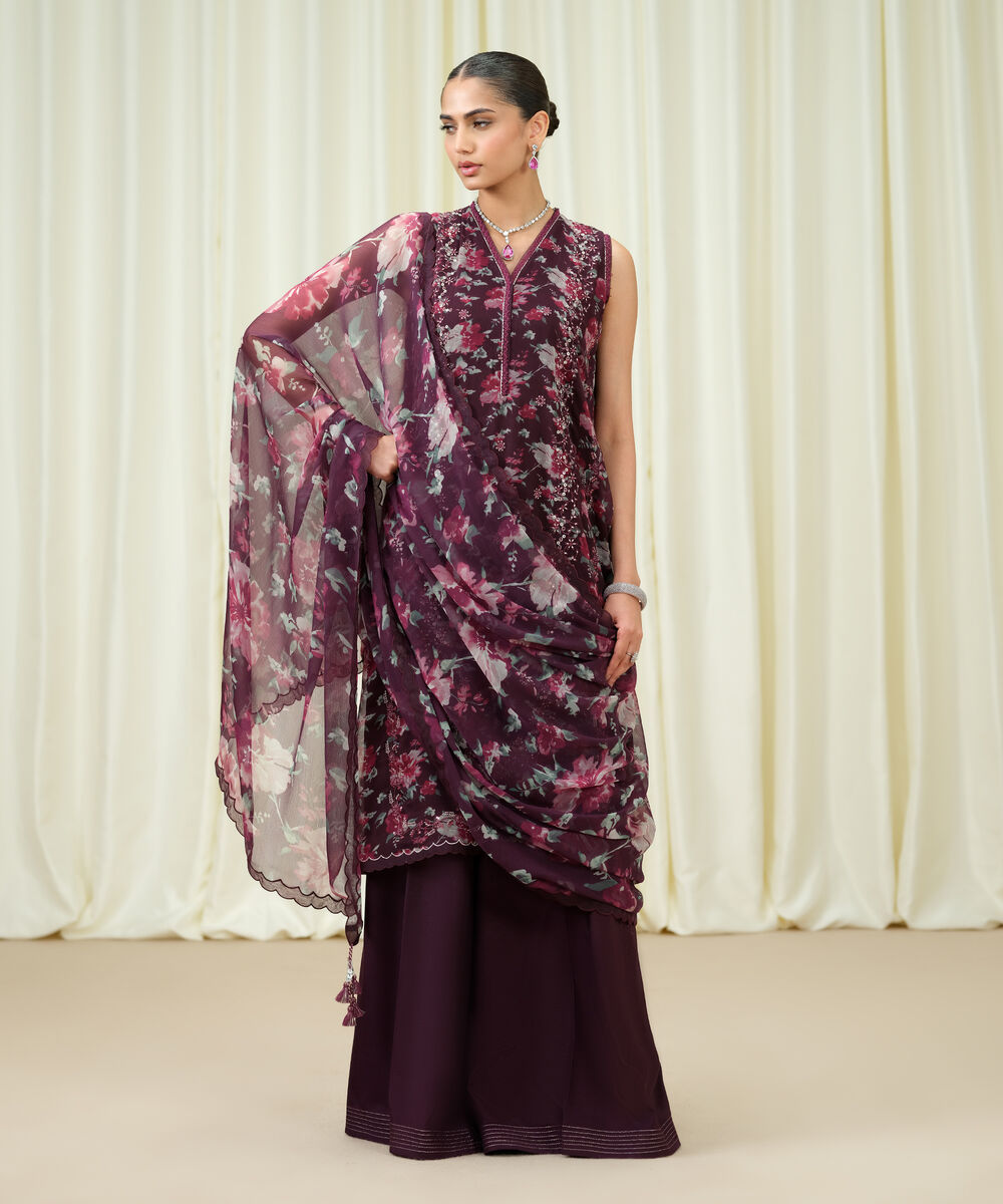 Women's Unstitched Blended Chiffon Embroidered Purple 3 Piece Suit