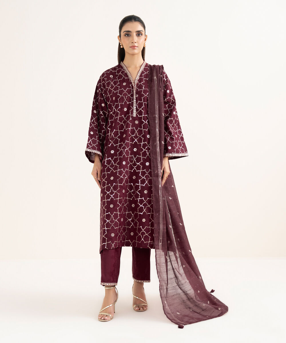 Women's RTW Self Jacquard Leno Embroidered Maroon Drop Shoulder Shirt