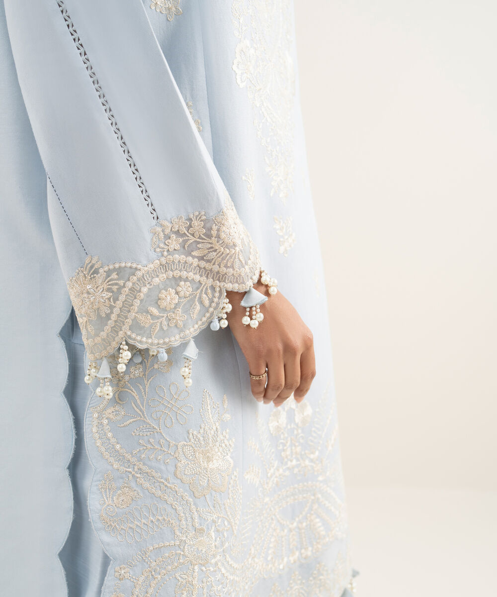 Women's Unstitched Cotton Net Embroidered Blue 3 Piece Suit