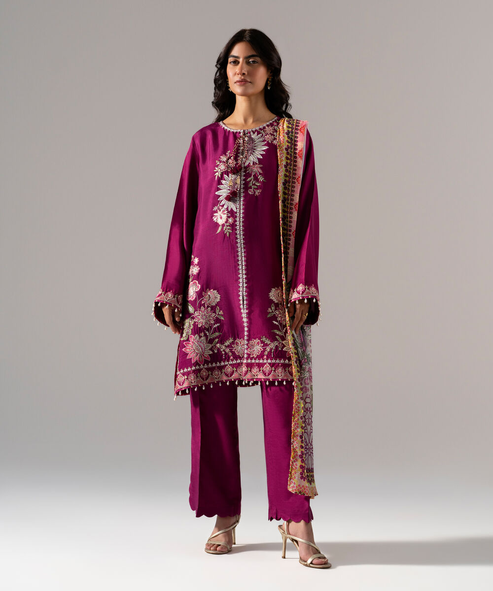 Women's RTW Solid Embroidered Plum Bright Raw Silk 3 Piece Suit