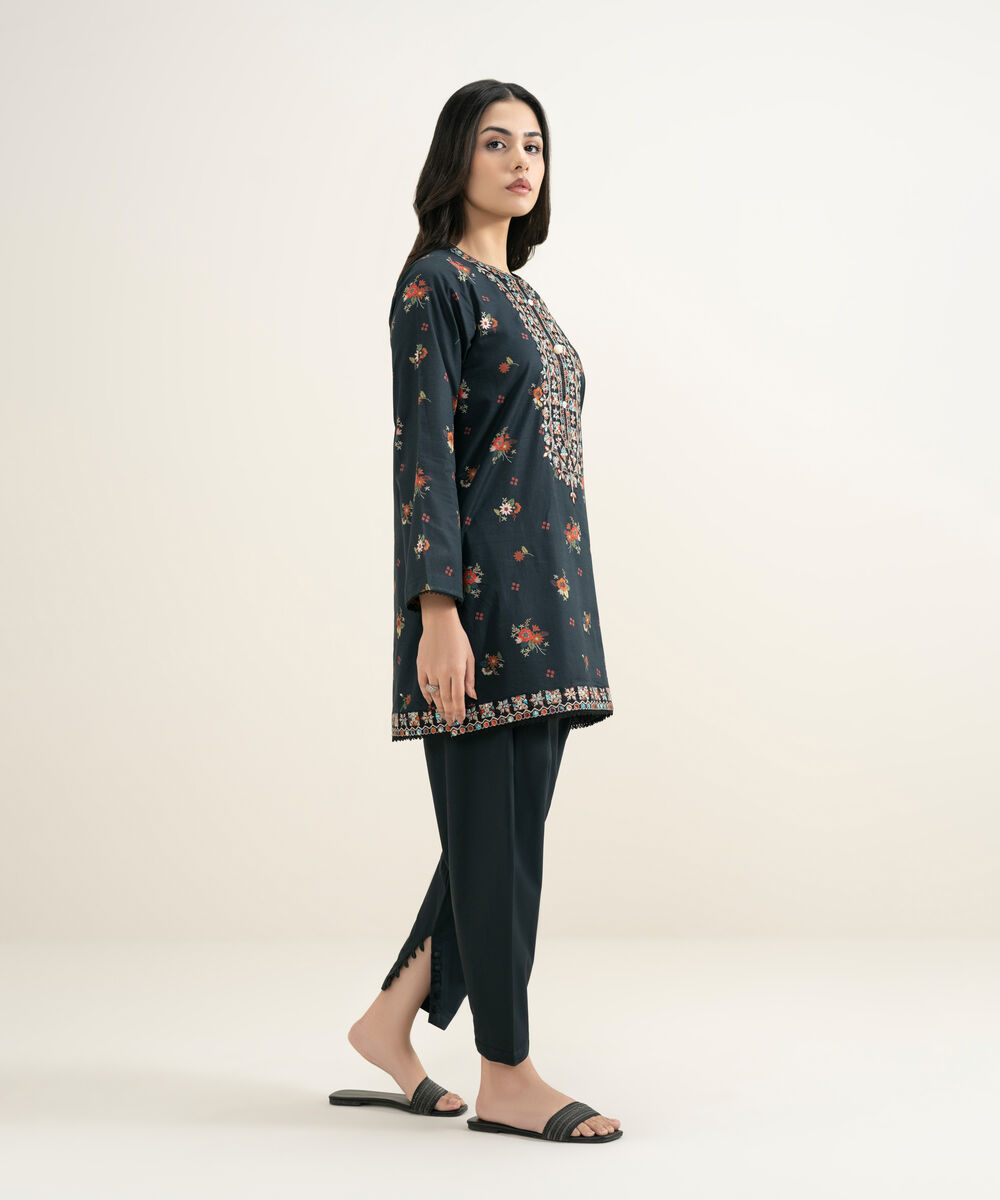 Women's RTW Slub Lawn Embroidered Black Straight Shirt