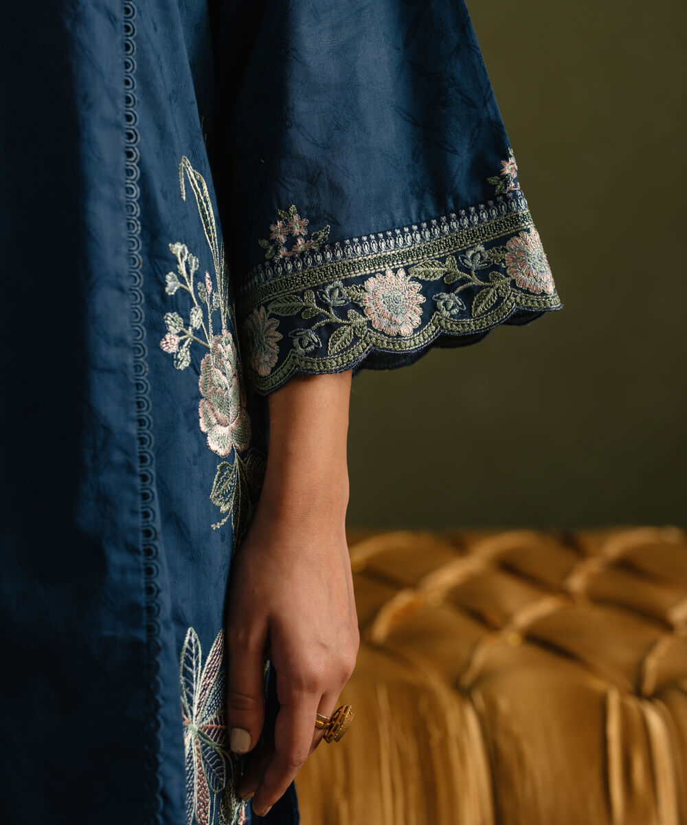 Women's RTW Self Jacquard Embroidered Blue Straight Shirt