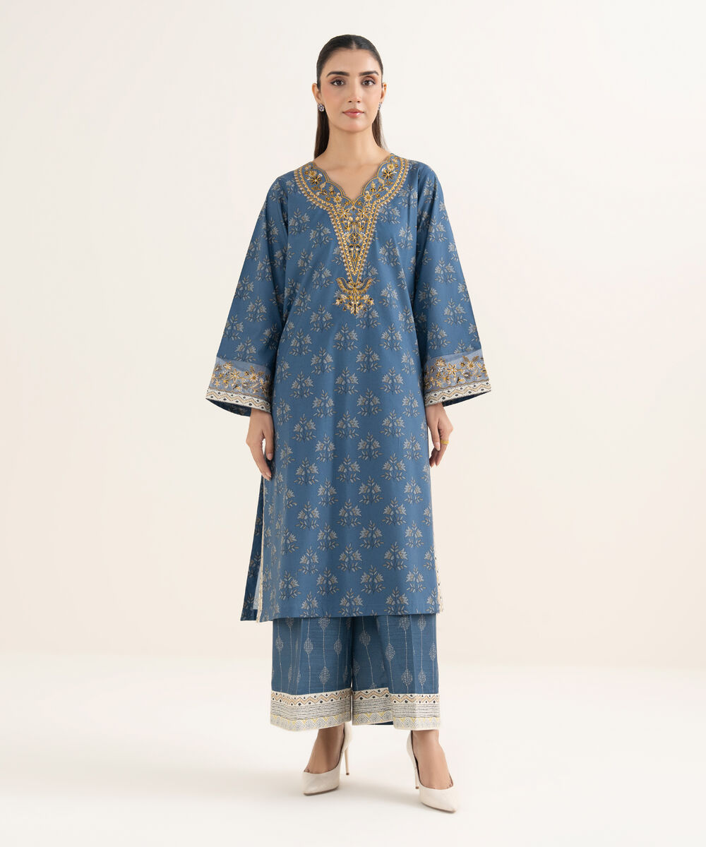 Women's RTW Arabic Khaddar Embroidered Blue Shirt