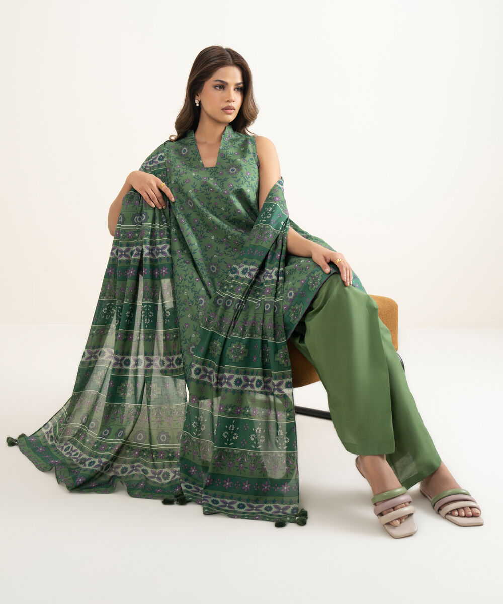 Women's Unstitched Lawn Printed Green 3 Piece Suit