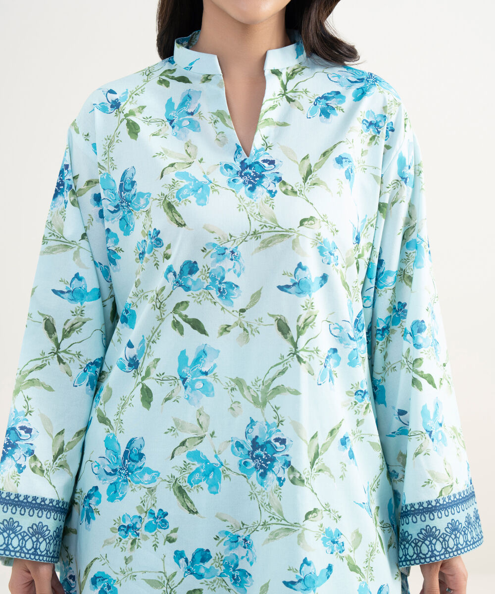 Women's Unstitched Lawn Printed Blue 3 Piece Suit