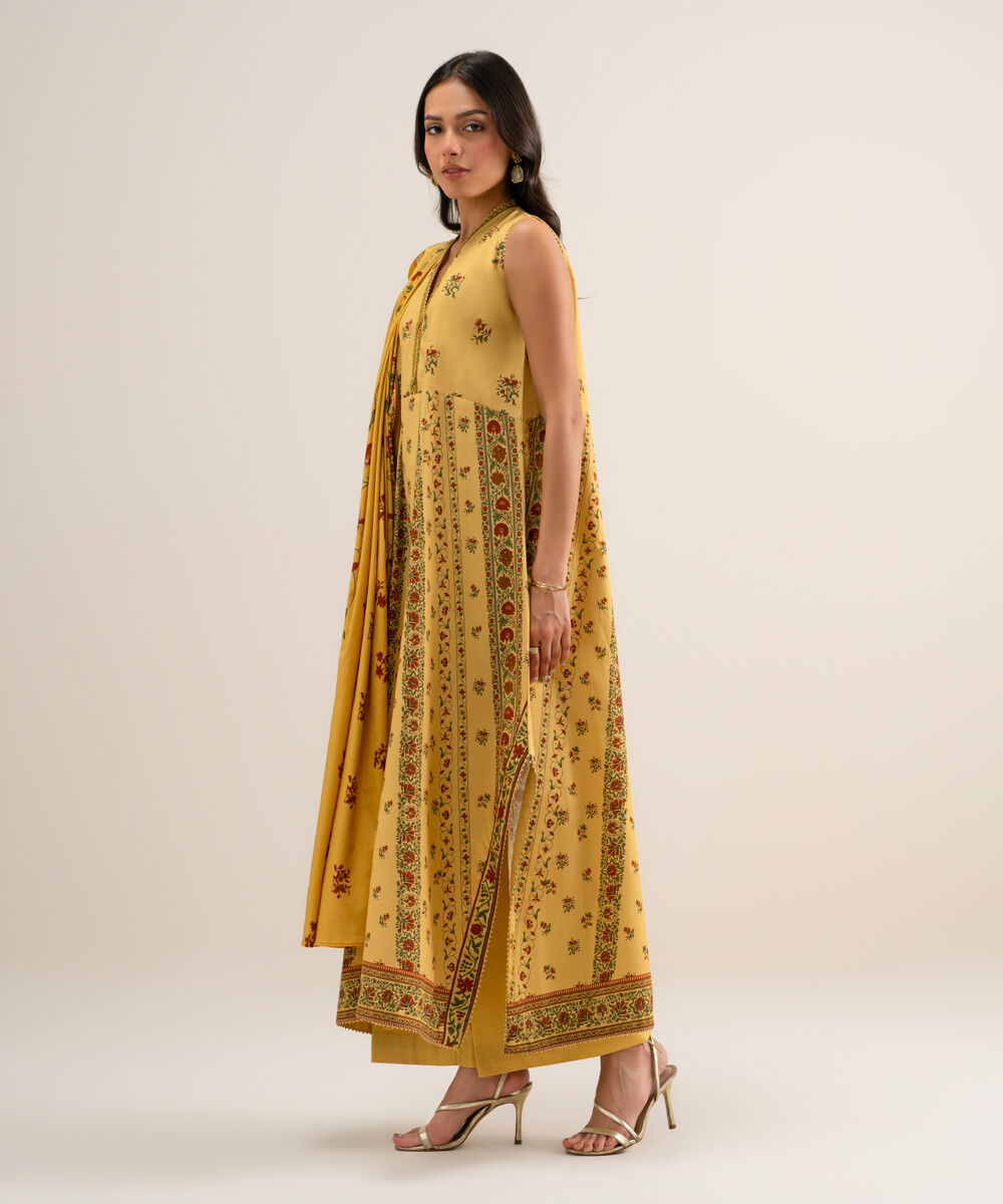 Women's Unstitched Printed Cotton Viscose Lime Yellow 3 Piece Suit