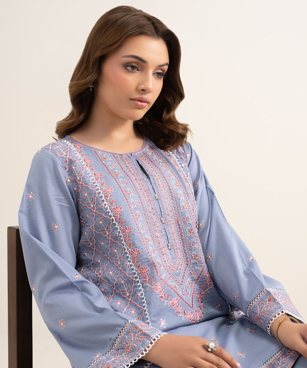 Women's RTW Dobby Embroidered Grey Straight Shirt