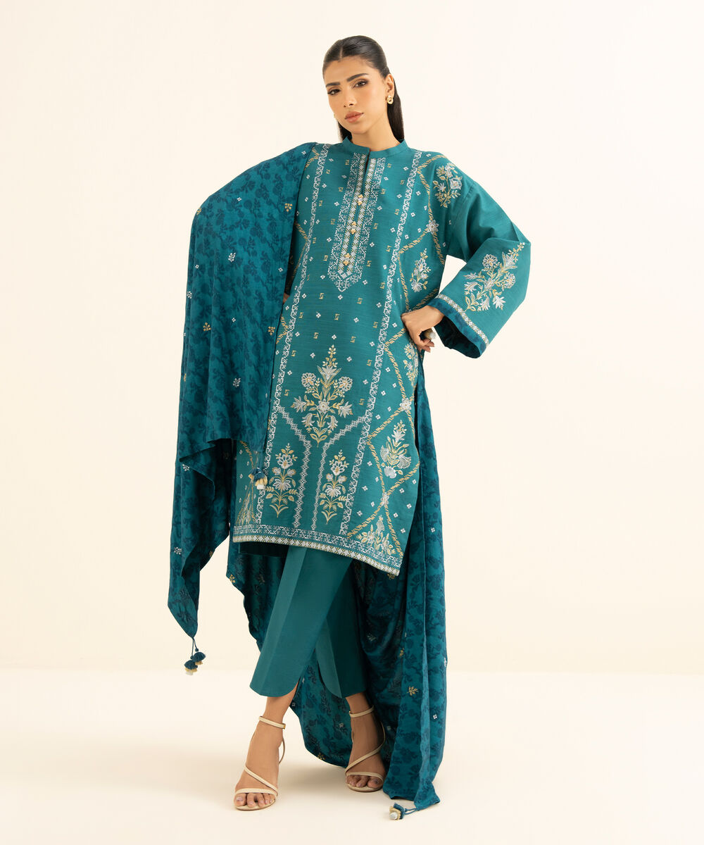 Women's Unstitched Khaddar Embroidered Green 3 Piece Suit