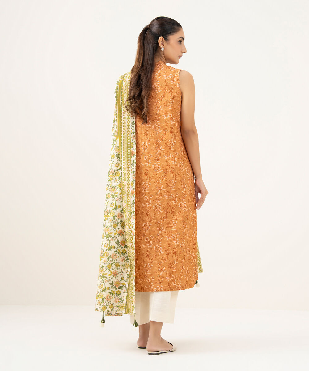 Women's Unstitched Cotton Embroidered Orange   2 Piece Suit