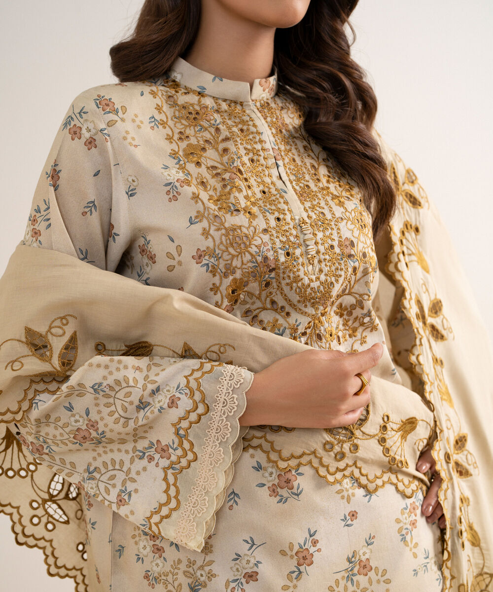 Women's Unstitched Fine Cotton Satin Embroidered Beige