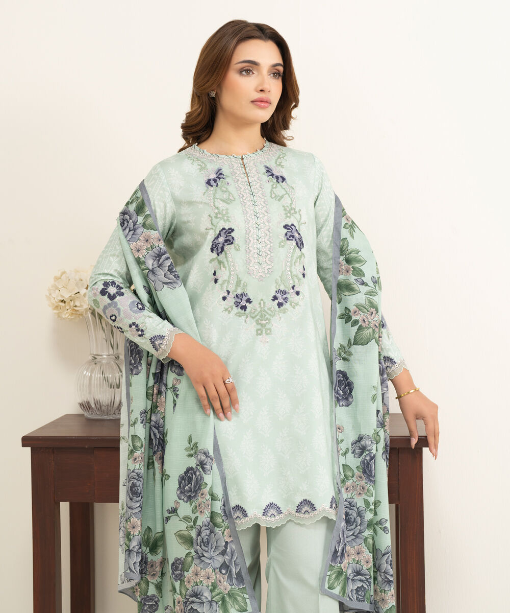 Women's Unstitched Lawn Blue Embroidered 3 Piece Suit