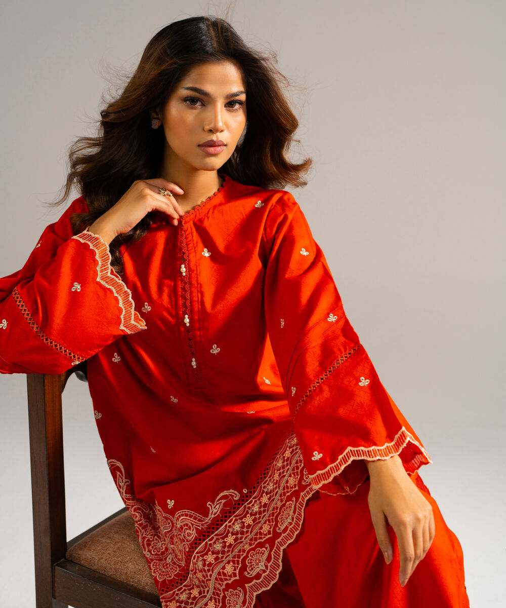 Women's RTW Self Jacquard Embroidered Rust 2 Piece Suit