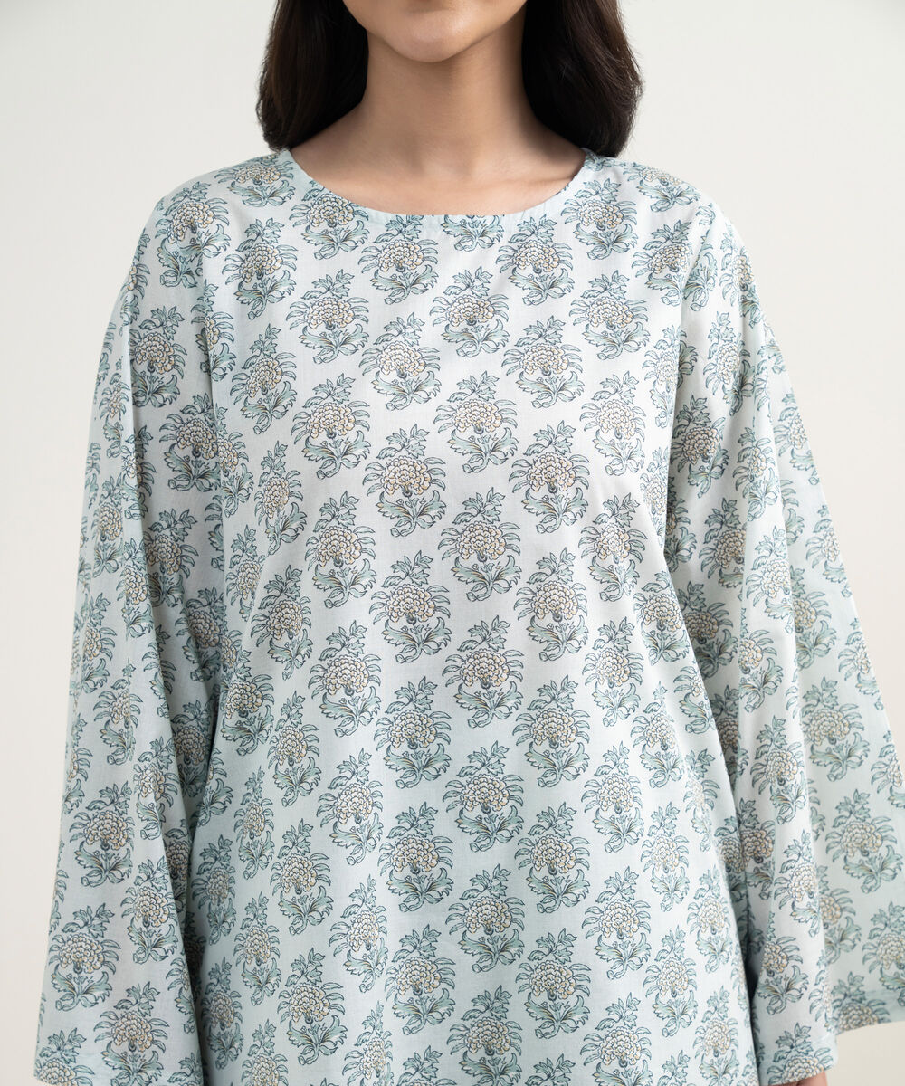 Women's RTW Lawn Printed Ice Blue Straight Shirt