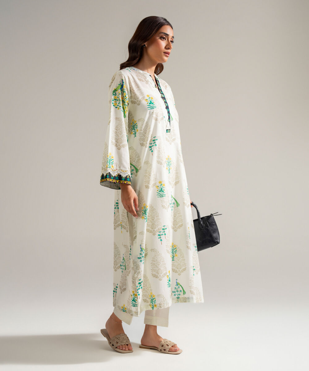 Women's RTW Slub Lawn Printed Off White Straight Shirt