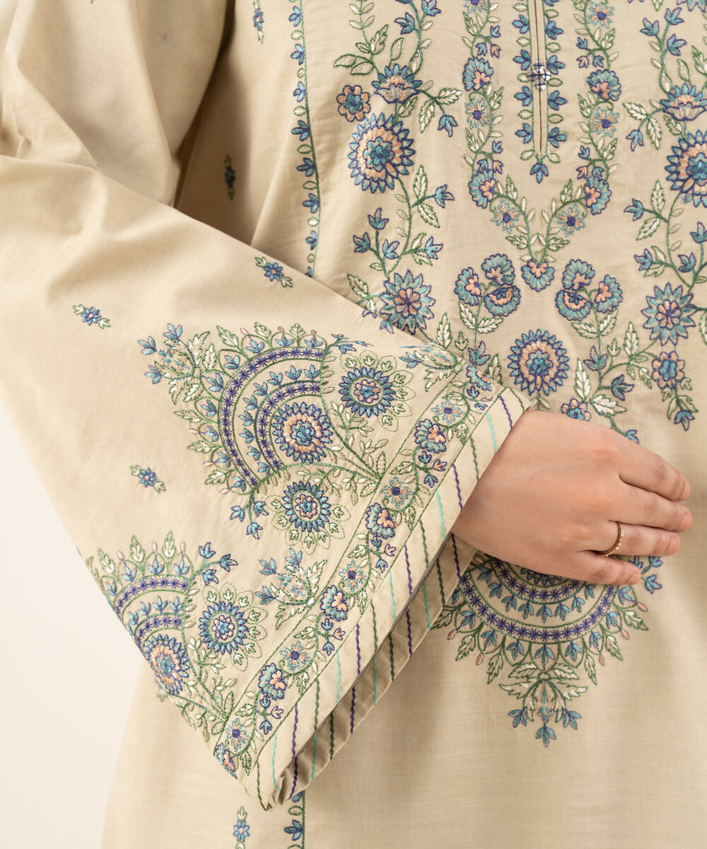 Women's Unstitched Textured Cotton Embroidered Off White 2 Piece Suit