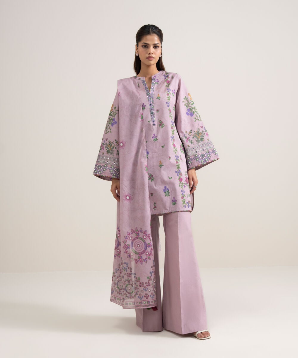 Women's Unstitched Lawn Printed Light Purple 3 Piece Suit