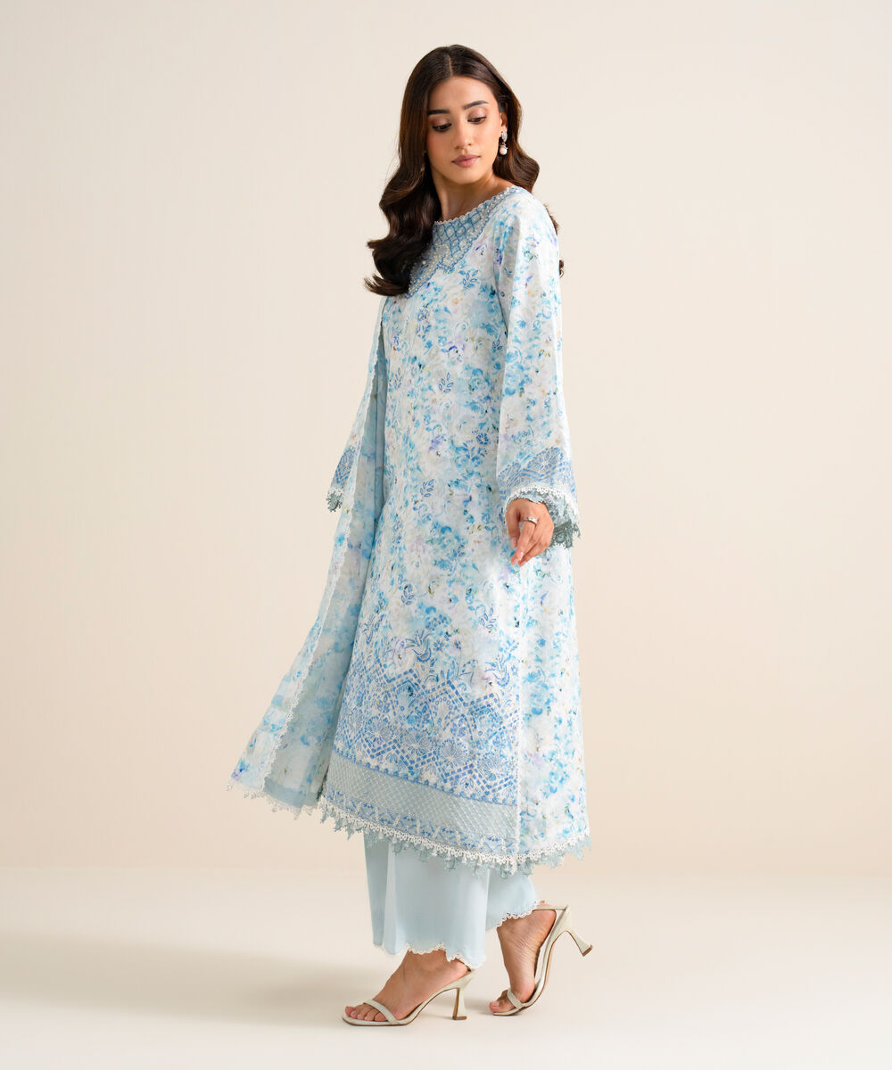 Women's Unstitched Embroidered Lawn White 3 Piece Suit
